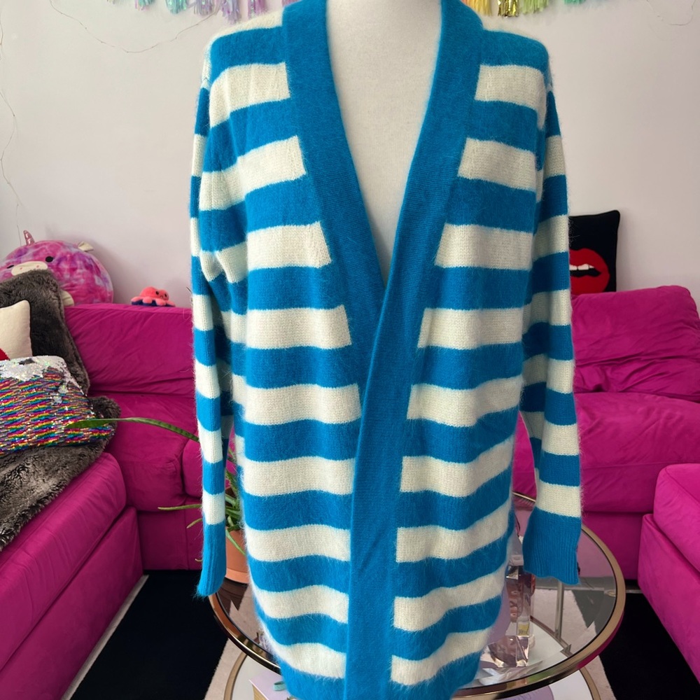 Gorgeous Diane Von Furstenberg Blue Striped Angora Blend Long Cardigan